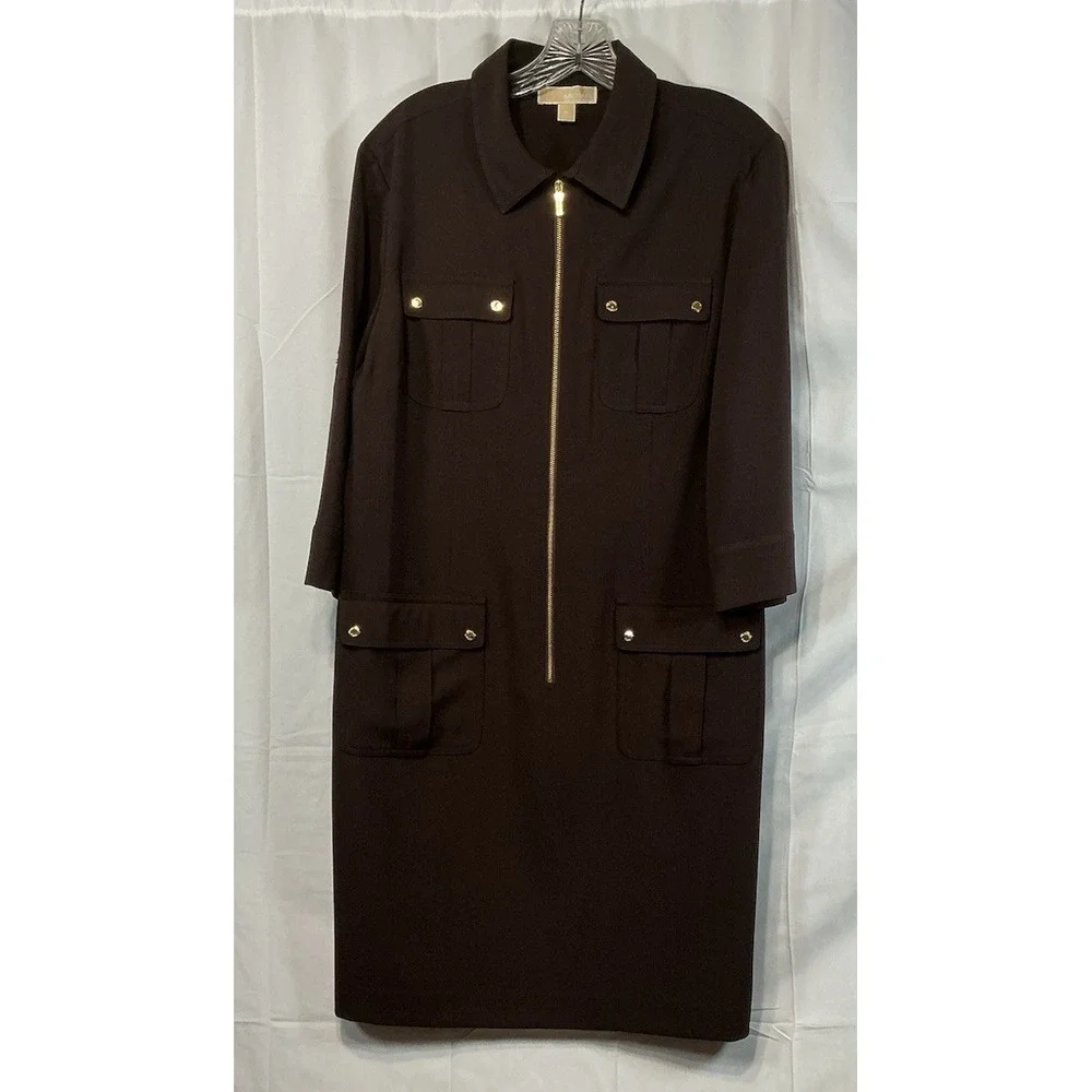 Michael Kors-Brwn-3/4 Adjustable Tab Slv-Shirtdress-Front Zip-Pockets-Belt-S-EUC